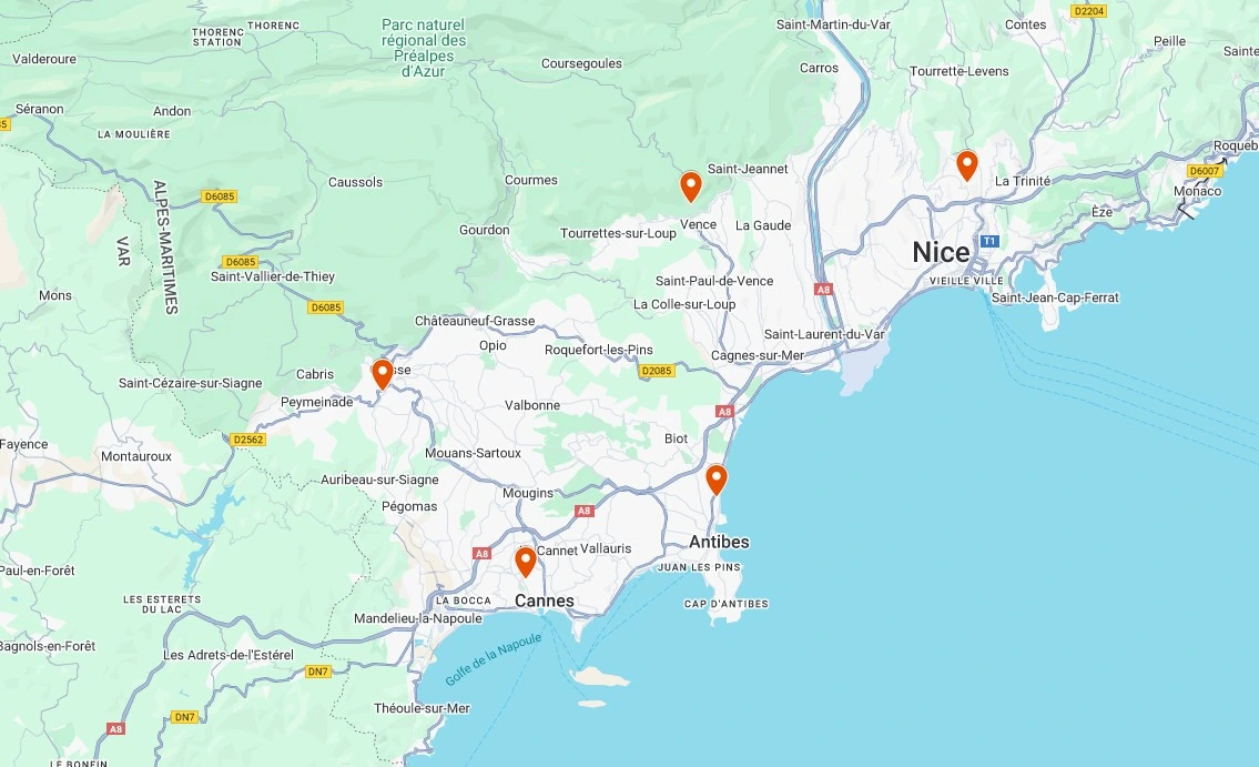 Carte des lieux d’intervention de JALMALV dans les Alpes-Maritimes : Antibes, Cannes, Grasse, Nice et Vence.