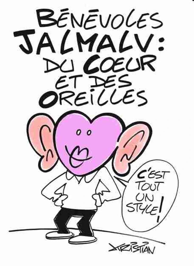 Dessin humoristique avec un personnage aux grandes oreilles et le texte “Bénévoles JALMALV : du cœur et des oreilles”