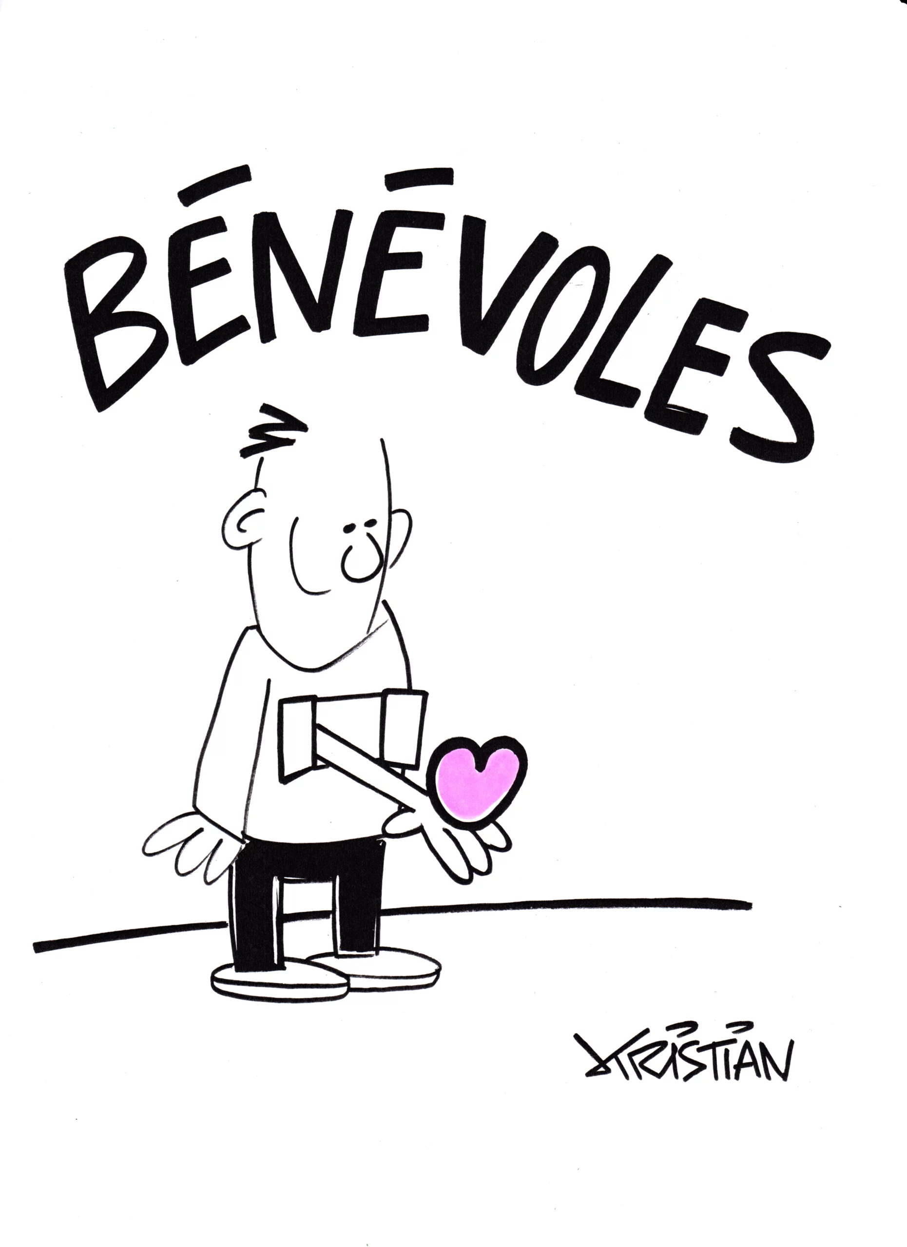 Dessin humoristique d’un bénévole tenant un cœur dans sa main, avec le mot BÉNÉVOLES écrit en grand